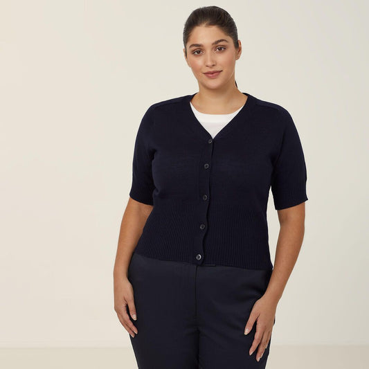 Wool Rich Short Sleeve Rib Trim Cardigan - CAT5BJ