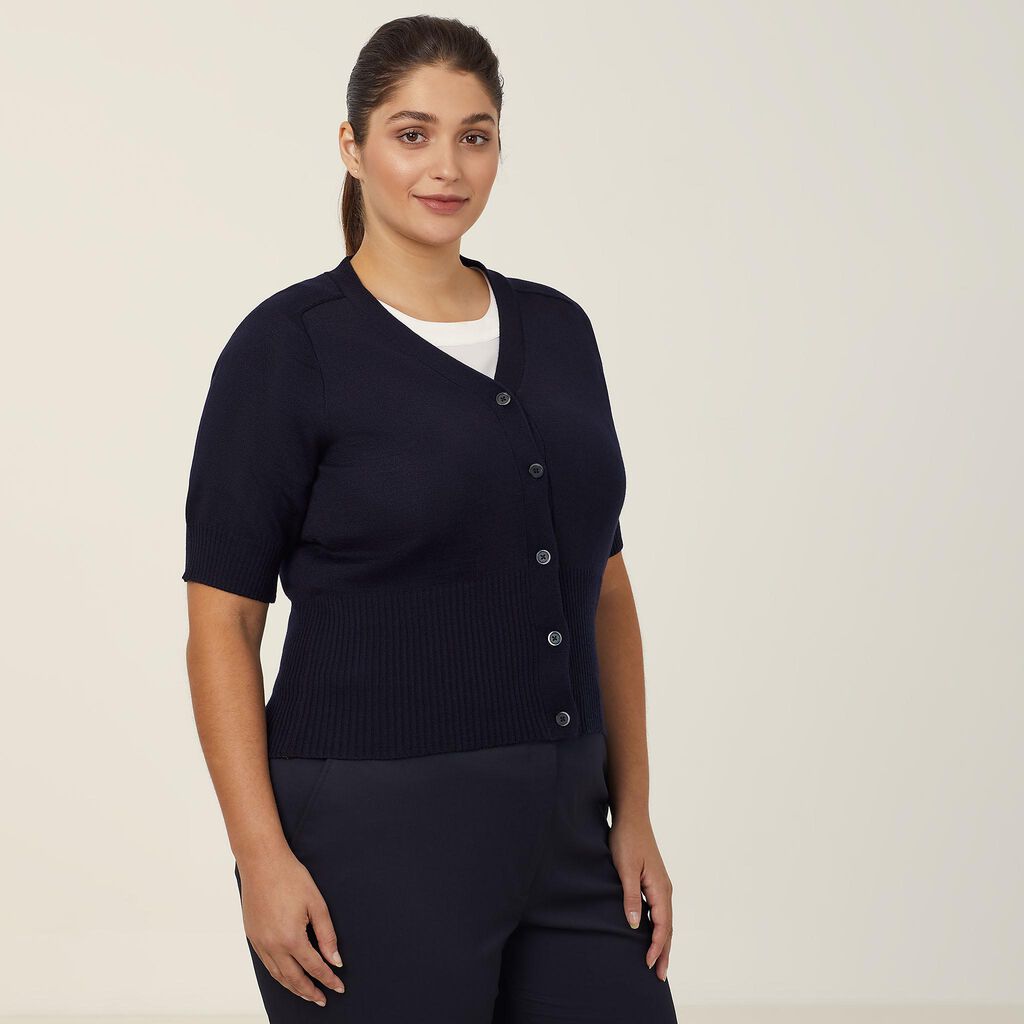 Wool Rich Short Sleeve Rib Trim Cardigan - CAT5BJ